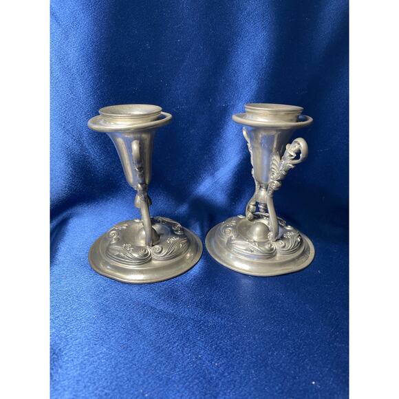 Pair of Ornate Candlestick Holders Pewter by Wilcox P139 - Picture 4 of 9